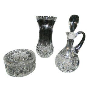 Cut Crystal Vanity Set: Decanter Vase Stopper & Wedgewood Lidded Trinket Box